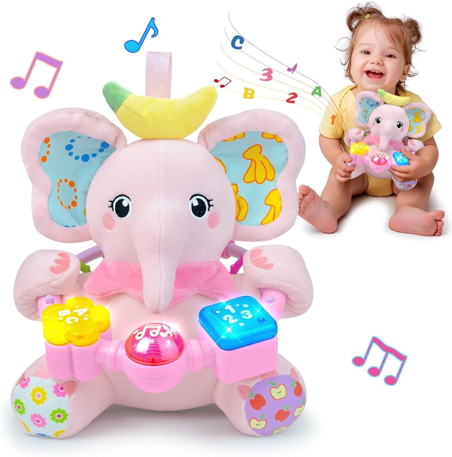 Baby Elephant Musical Stuffed Animals Toy with Light-Up Music & Crinkle Sound Paper,Infant Bilingual Early Learning Education Toys,Tummy Time Toys for 0-3-6-12  Months Boy Girl, Pink